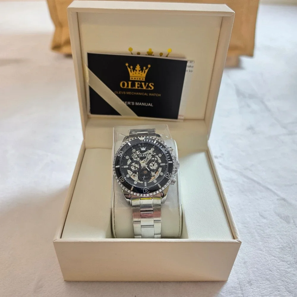 OLEVS 6715 Mens Automatic Skeleton Watch Silver Stainless Steel Moon Phase Black